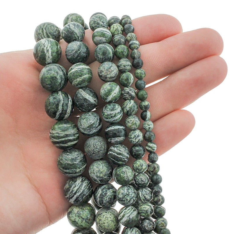 Round Natural Zebra Jasper Beads 4mm - 12mm - Choose Your Size - Dark Green and White - 1 Full 15" Strand - BD1817