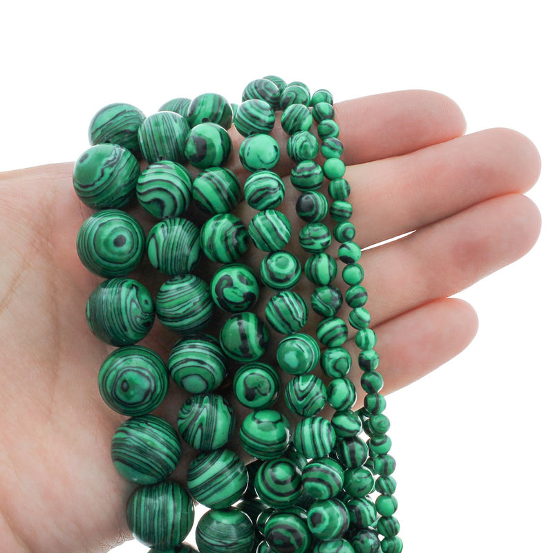 Round Synthetic Malachite Beads 4mm - 14mm - Choose Your Size - Green and Black Swirled - 1 Full 15" Strand - BD1819
