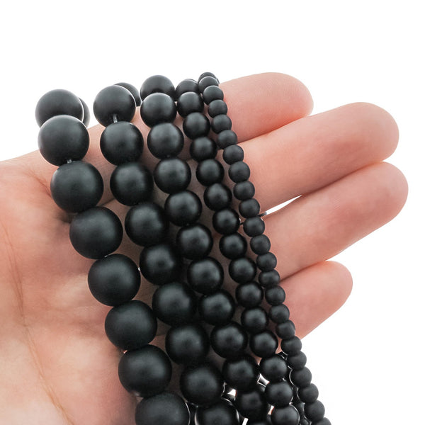 Round Natural Stone Beads 4mm - 12mm - Choose Your Size - Black - 1 Full 15" Strand - BD1823
