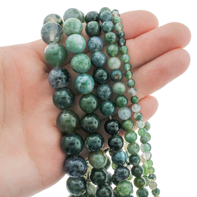Round Natural Agate Beads 4mm -12mm - Choose Your Size - Forest Green - 1 Full 15" Strand - BD1833