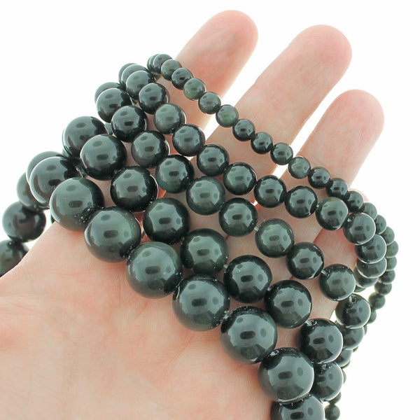 Perles rondes en obsidienne naturelle 6mm - 14mm - Choisissez votre taille - Vert forêt - 1 brin complet de 15" - BD1876