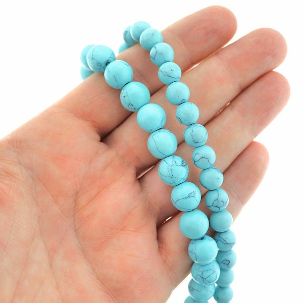 Perles rondes imitation pierres précieuses 8mm - 10mm - Choisissez votre taille - Marbre turquoise - 1 brin complet de 16" - BD1946