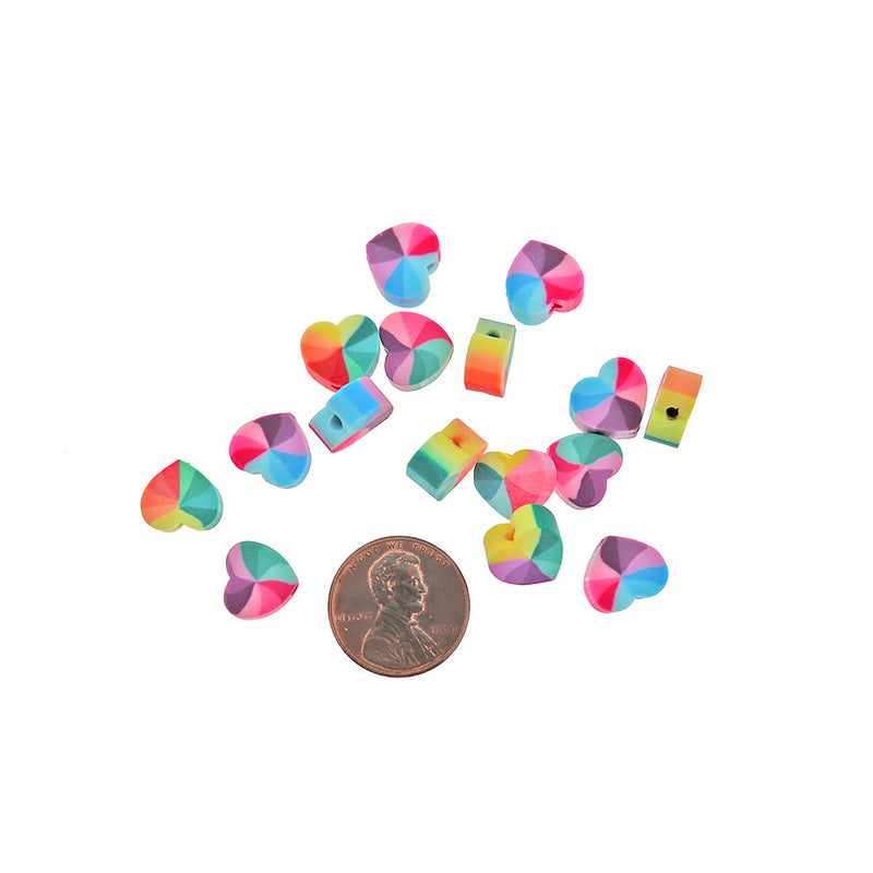Heart Polymer Clay Beads 10mm x 11mm - Rainbow Tone - 25 Beads - BD211