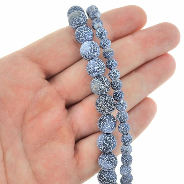 Round Natural Agate Beads 6mm - 10mm - Choose Your Size - Navy Blue Weathered Crackle - 1 Full 15.5" Strand - BD2342