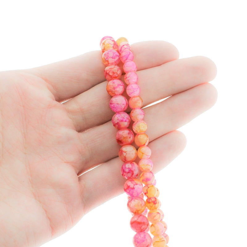 Round Imitation Jade Beads 6mm - 8mm - Choose Your Size - Sunset Pink Crackle - 1 Full 31.8" Strand - BD2343