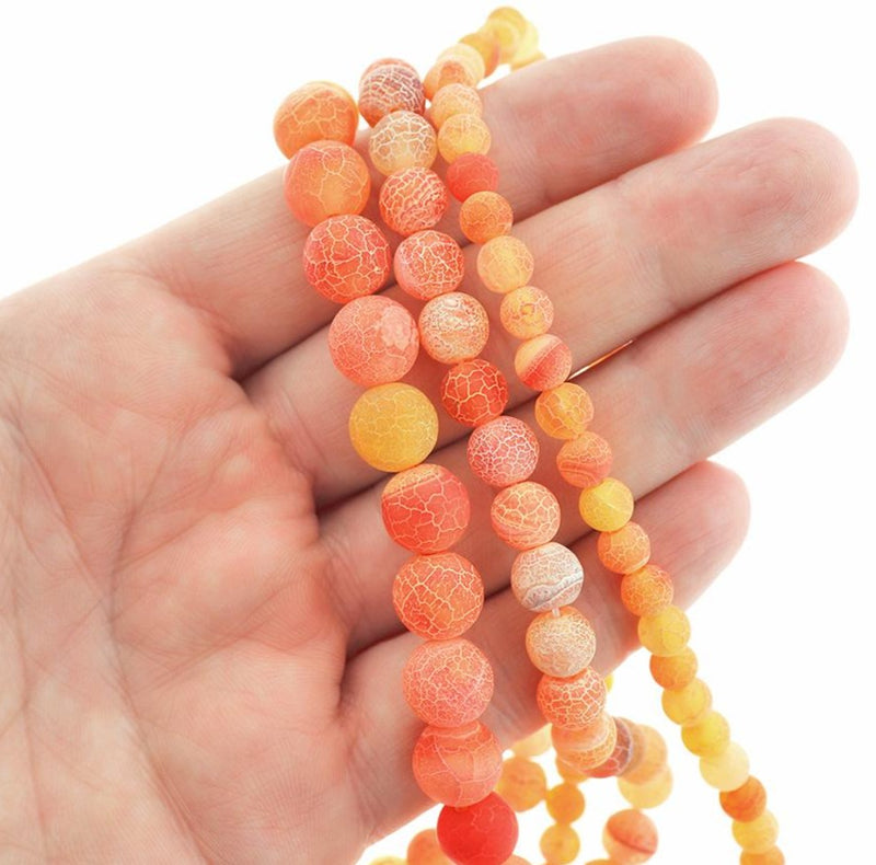 Round Natural Agate Beads 6mm -10mm - Choose Your Size - Sunset Orange Weather Crackle - 1 Full 15.5" Strand - BD2415