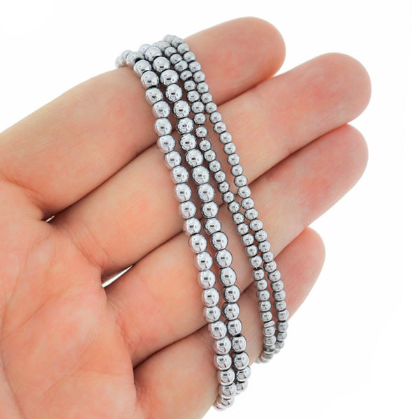 Perles de verre rondes 3mm - 4mm - Choisissez votre taille - Argent métallique - 1 brin complet - BD2473