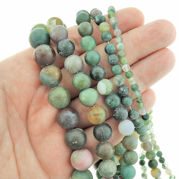 Perles rondes d'agate indienne naturelle 4mm -12mm - Choisissez votre taille - Tons de forêt en sourdine - 1 brin complet de 15" - BD2502