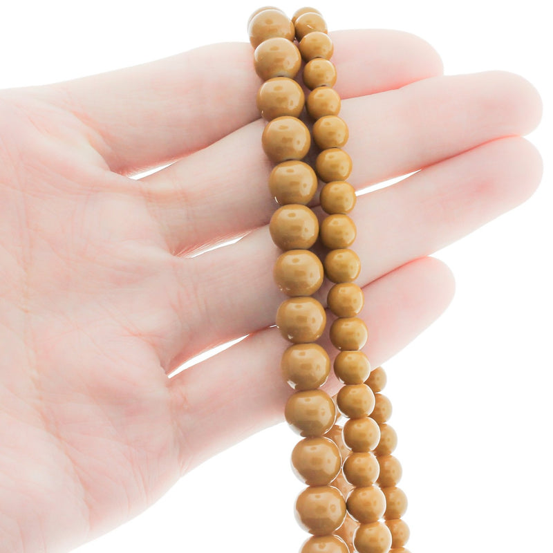 Round Glass Beads 6mm - 8mm - Choose Your Size - Golden Brown - 1 Full 31" Strand - BD2680