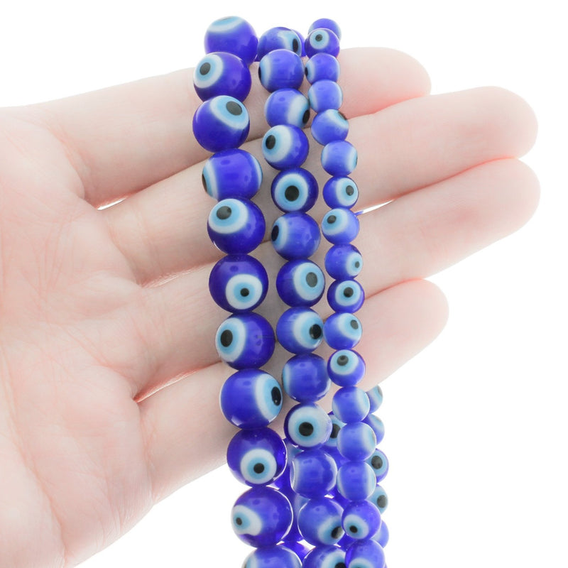 Round Glass Beads 6mm - 10mm - Choose Your Size - Blue and White Evil Eye - 1 Full 14" Strand - BD2738
