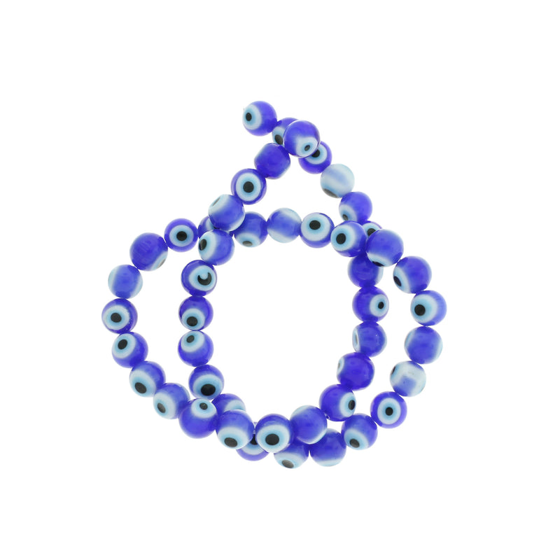 Round Glass Beads 6mm - 10mm - Choose Your Size - Blue and White Evil Eye - 1 Full 14" Strand - BD2738