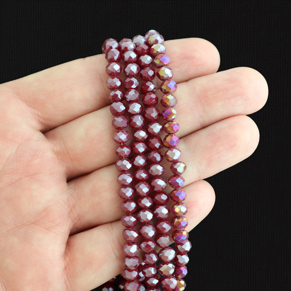 Faceted Rondelle Glass Beads 6mm x 5mm - Electroplated Burgundy - 1 Strand 92 Beads - BD342