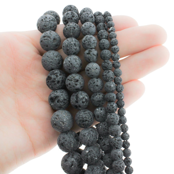 Round Natural Lava Beads 4mm - 12mm - Choose Your Size - Black - 1 Full 15.5" Strand - BD474