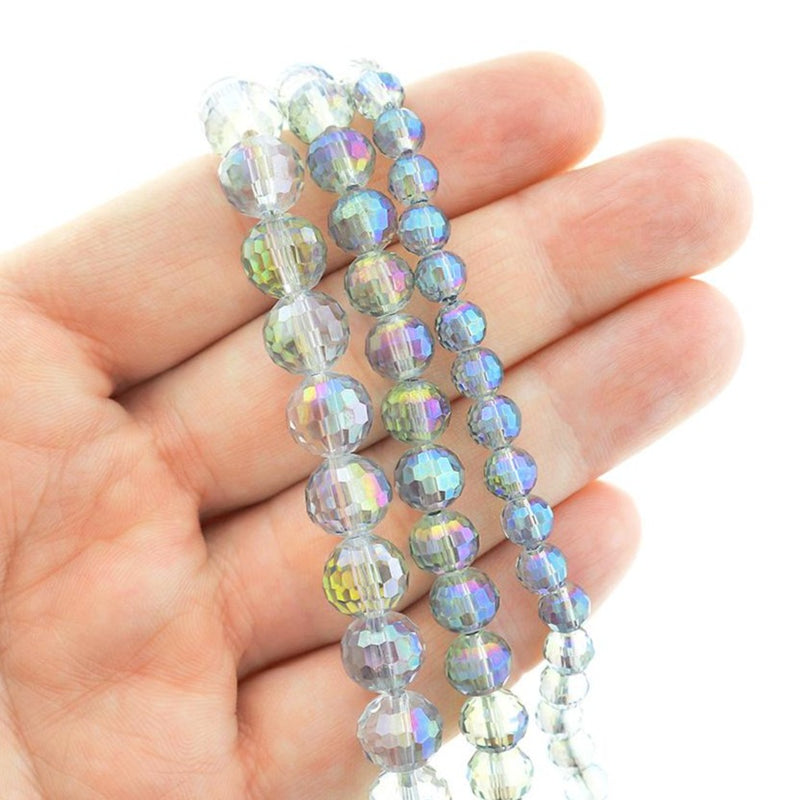 Faceted Round Glass Beads 6mm - 10mm - Choose Your Size - Electroplated Clear - 1 Full 15" Strand - BD526