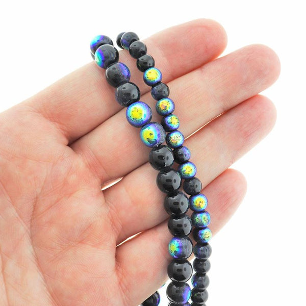 Perles de verre rondes 6mm - 8mm - Choisissez votre taille - Noir galvanisé - 1 brin complet de 15" - BD811