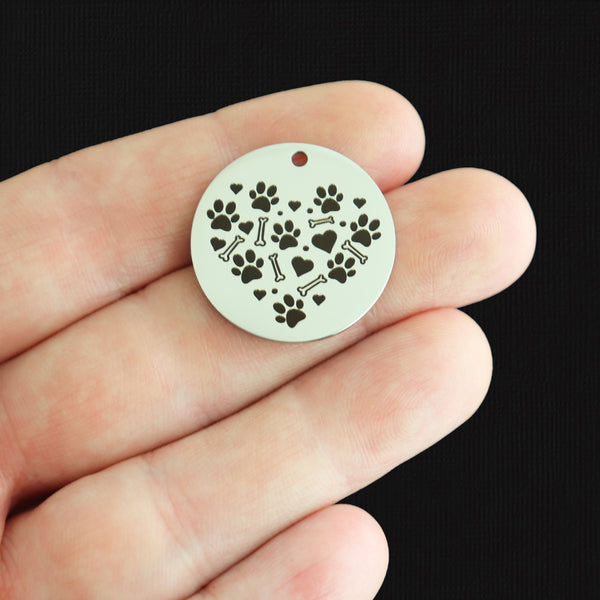 Breloques rondes en acier inoxydable 25 mm avec empreinte de patte de chien et os de chien - BFS009-8009