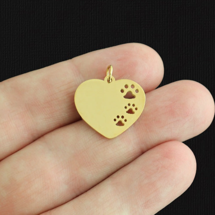 BULK 5 Heart Paw Print Gold Tone Stainless Steel Charms - SSP599