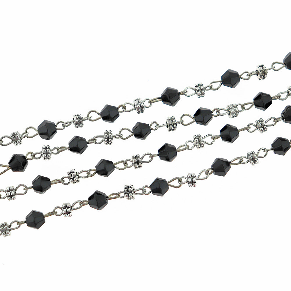 BULK Beaded Rosary Chain - 6mm Bicone Black Glass & Antique Silver Tone - 3.3ft or 1m - RC034