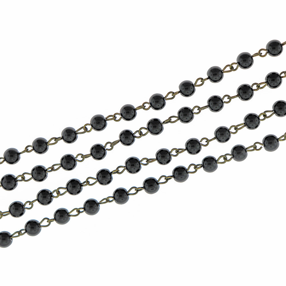BULK Beaded Rosary Chain - 6mm Black Pearl Glass & Antique Bronze Tone - 3.3ft or 1m - RC037