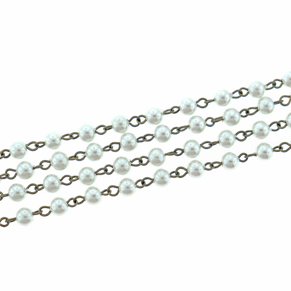 BULK Beaded Chapelet - 6mm White Pearl Glass &amp; Antique Bronze Tone - 3.3ft ou 1m - RC033
