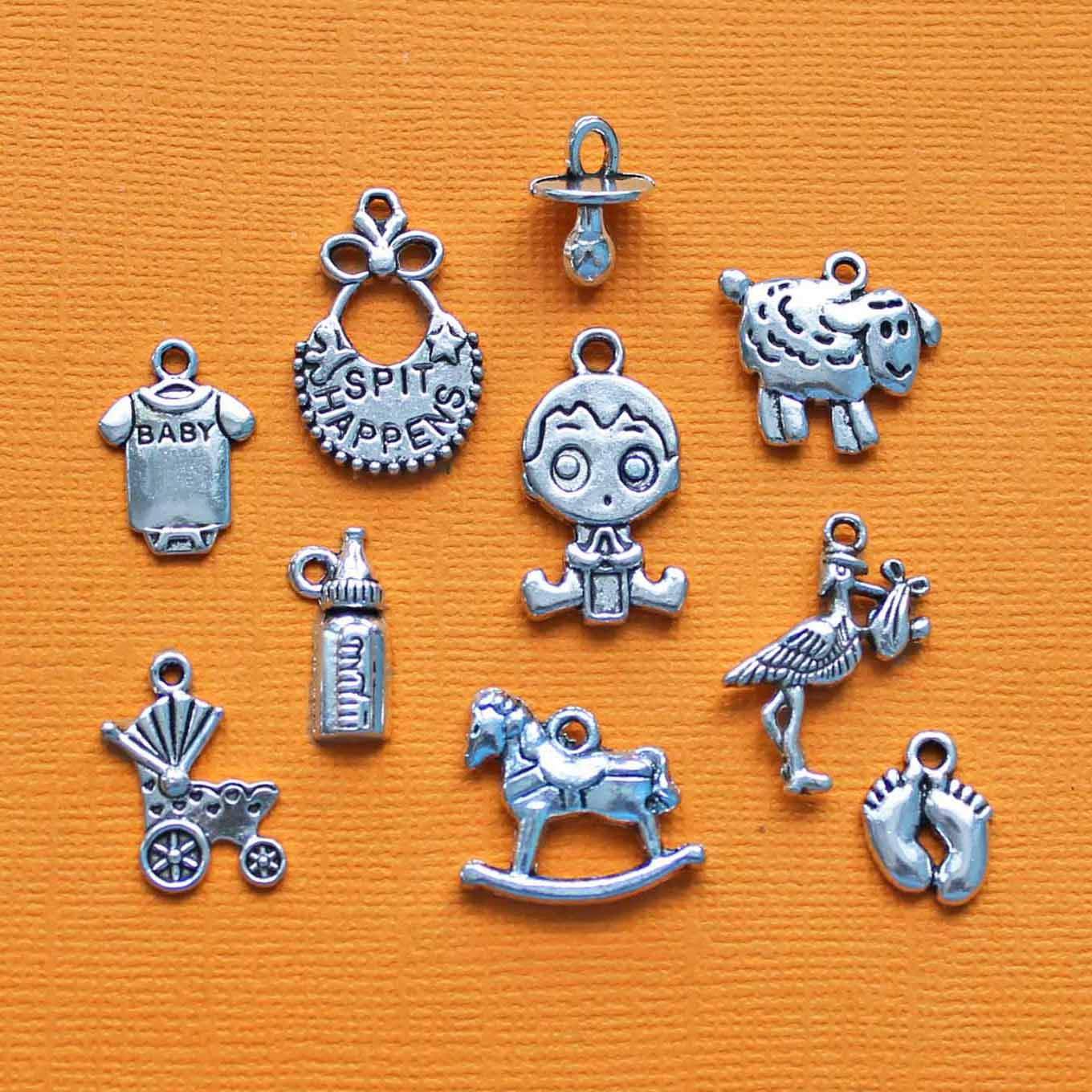 Baby Charm Collection Antique Silver Tone 10 Charms - COL019
