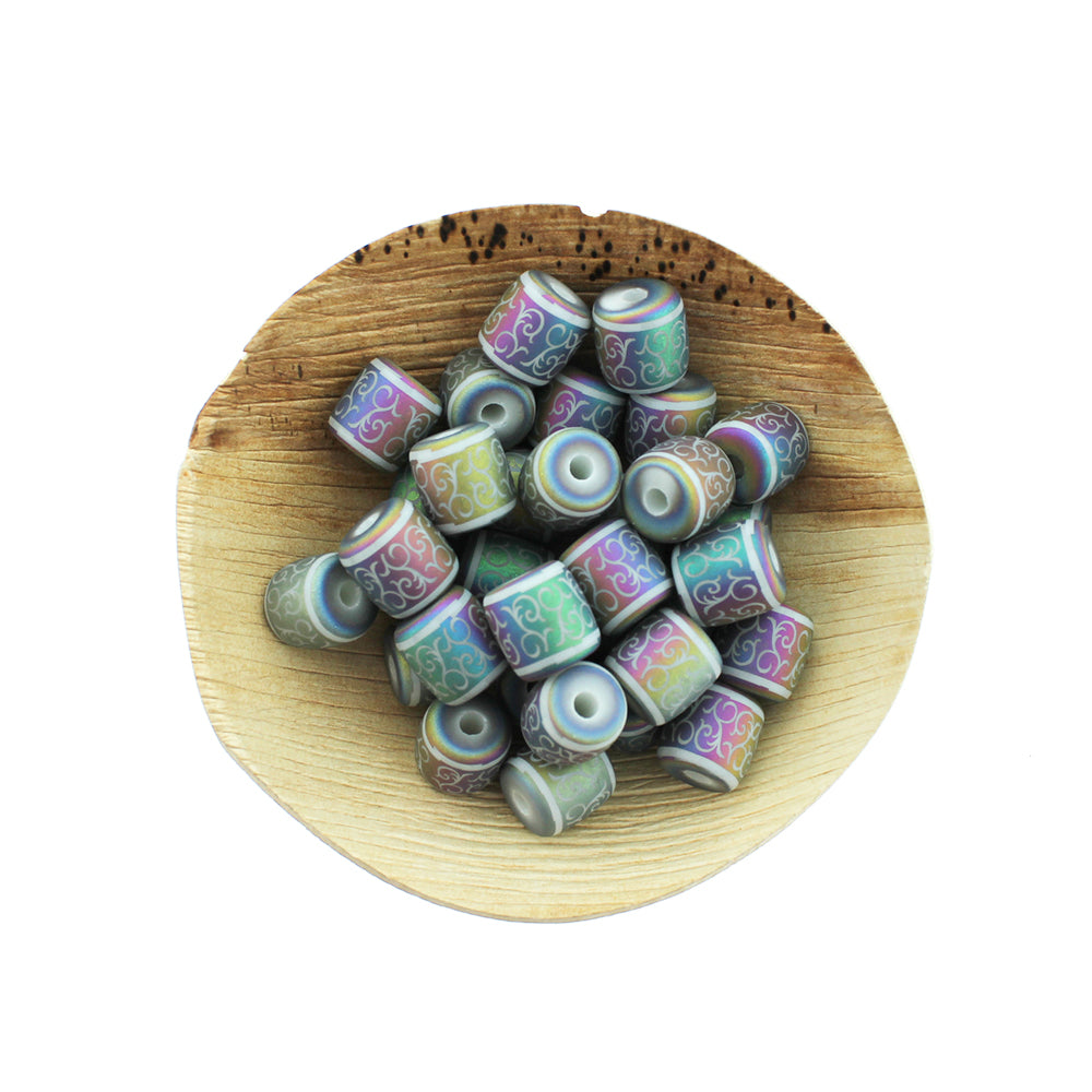 Barrel Glass Beads 12mm - Frosted Electroplated Vine Pattern - 12 Beads - BD2542