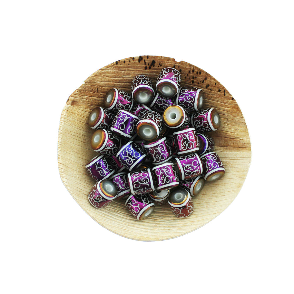 Barrel Glass Beads 12mm - Purple Electroplated Vine Pattern - 12 Beads - BD2541