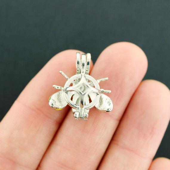 Bee Bead Cage Antique Silver Tone and Enamel Charm With Rhinestones 3D - SC7909