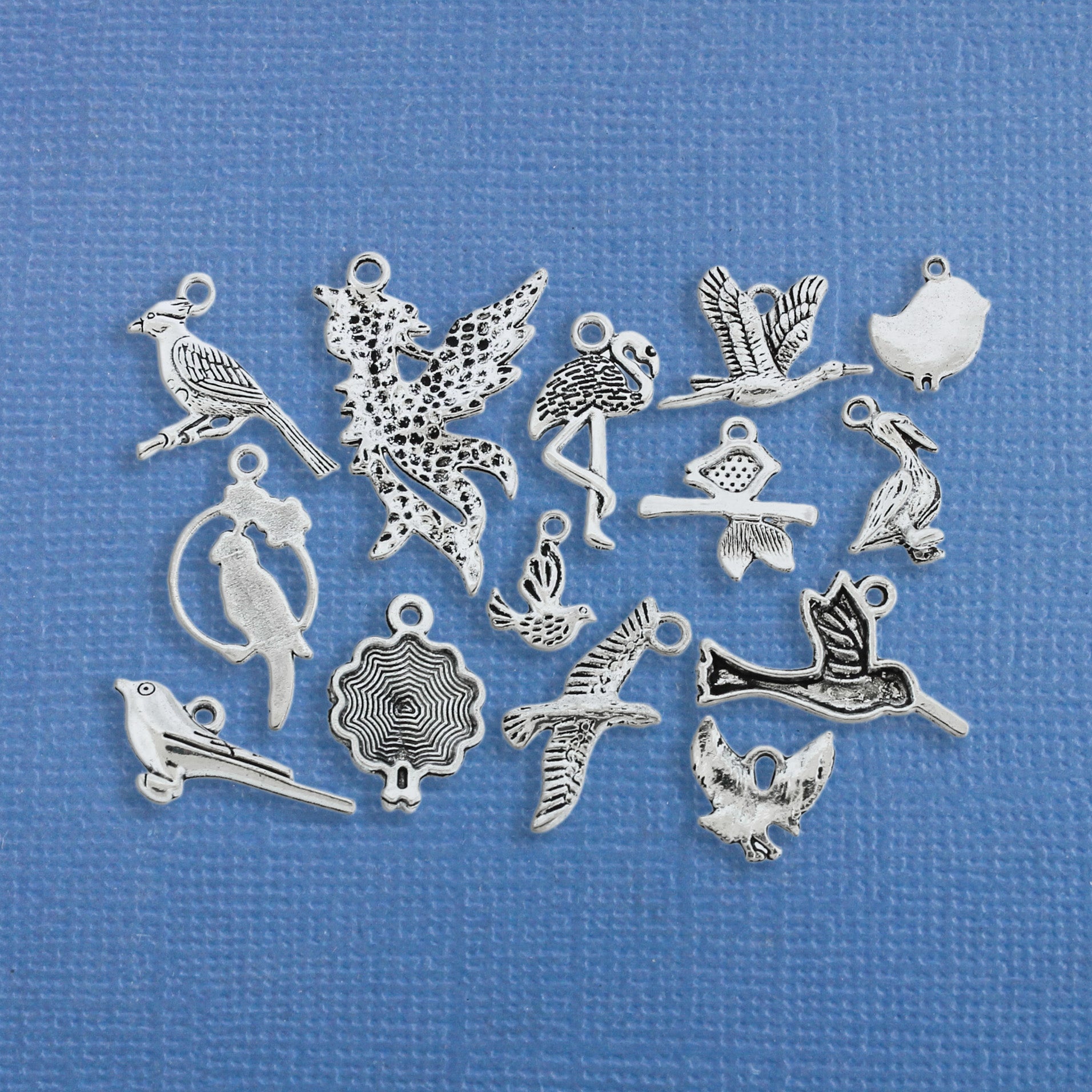 Collection de breloques oiseaux ton argent antique 14 breloques différentes - COL151