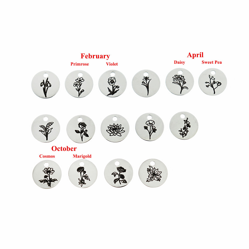 Collection de breloques fleur de naissance en acier inoxydable 15 breloques différentes - 10 mm rond - COL308
