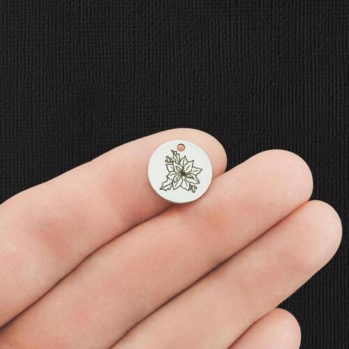 Birth Month Flower Stainless Steel 13mm Round Charms - December Poinsettia - BFS007-5960