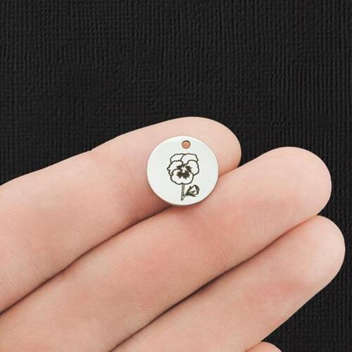 Birth Month Flower Stainless Steel 13mm Round Charms - February Violet - BFS007-5947