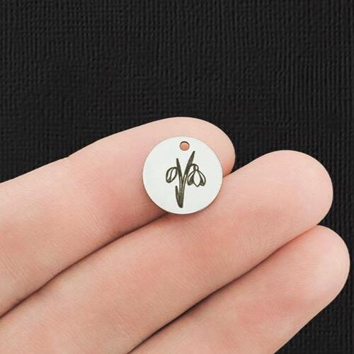 Birth Month Flower Stainless Steel 13mm Round Charms - January Snowdrop - BFS007-5946