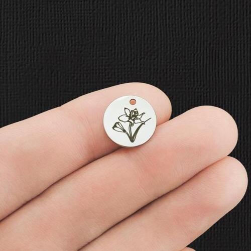 Birth Month Flower Stainless Steel 13mm Round Charms - March Daffodil - BFS007-5949