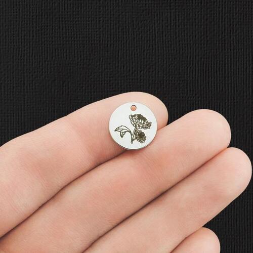Birth Month Flower Stainless Steel 13mm Round Charms - November Chrysanthemum - BFS007-5959
