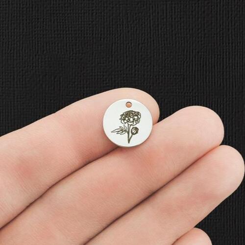 Birth Month Flower Stainless Steel 13mm Round Charms - October Marigold - BFS007-5958