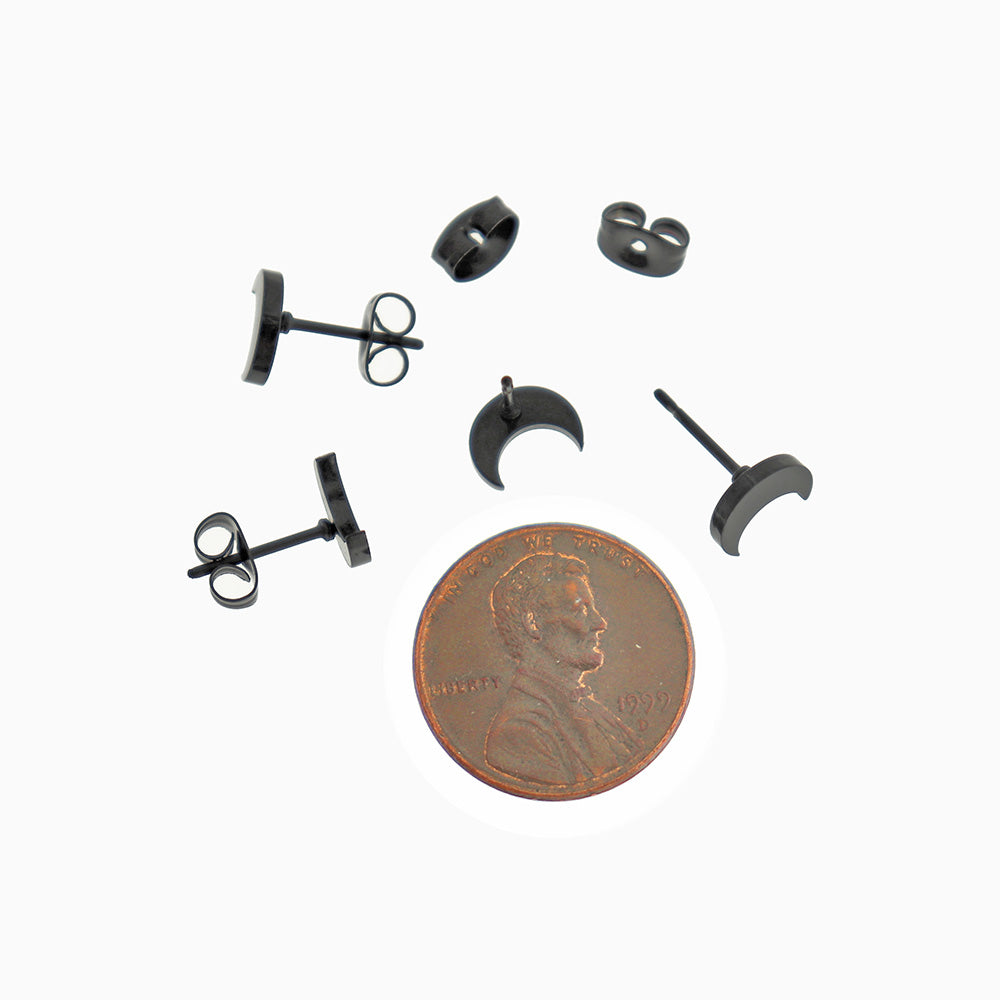 Black Tone Stainless Steel Earrings - Crescent Moon Studs - 8mm x 6mm - 2 Pieces 1 Pair - ER895