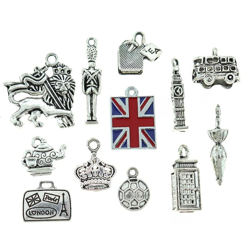 London Charm Collection Antique Silver Tone 12 Different Charms - COL194