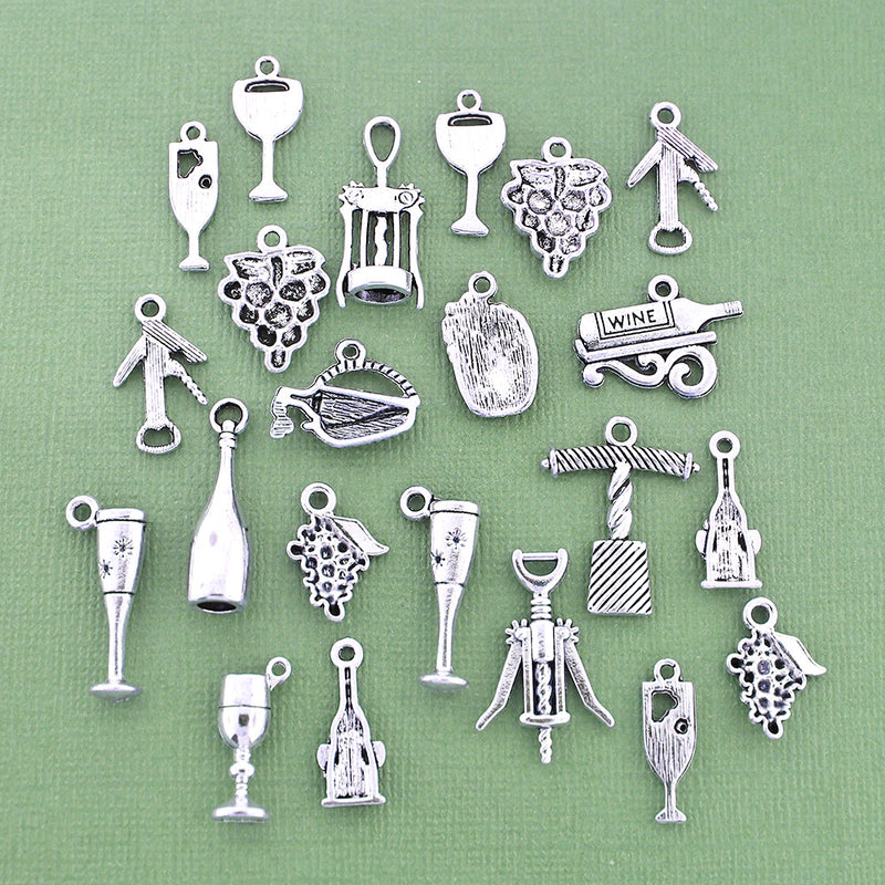 Deluxe Wine Charm Collection Antique Silver Tone 22 Charms - COL262