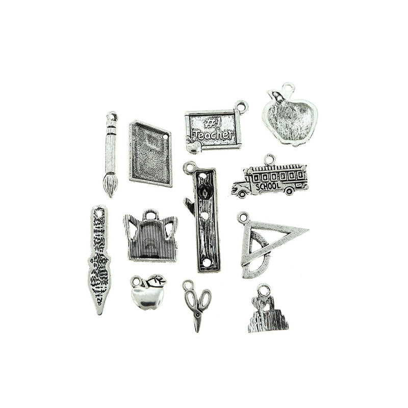 Teacher Charm Collection Antique Silver Tone 12 Different Charms - COL338