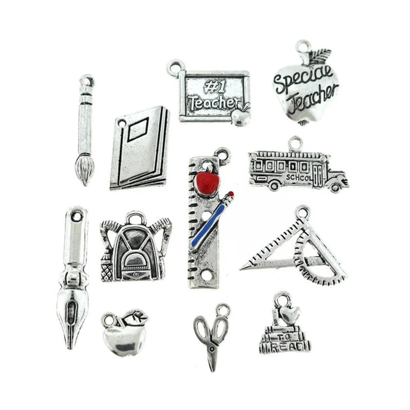 Teacher Charm Collection Antique Silver Tone 12 Different Charms - COL338
