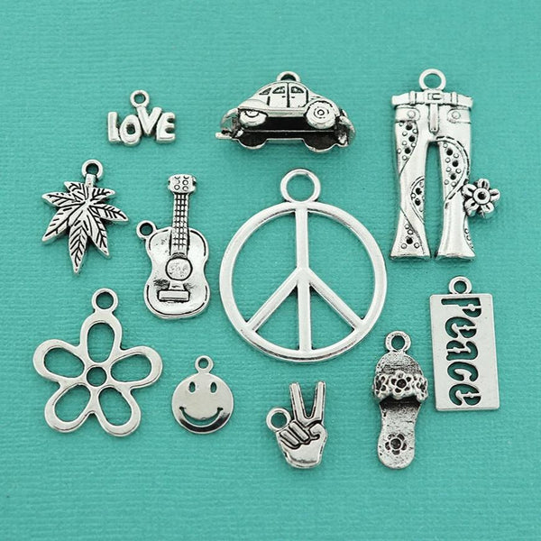 Hippie Charm Collection Antique Silver Tone 11 Different Charms - COL057