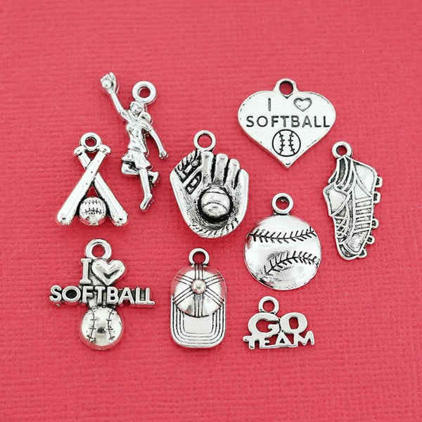 Softball Charm Collection Antique Silver Tone 9 Different Charms - COL068