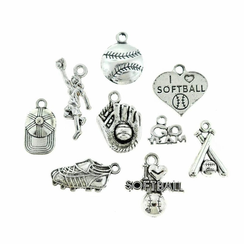 Softball Charm Collection Antique Silver Tone 9 Different Charms - COL068