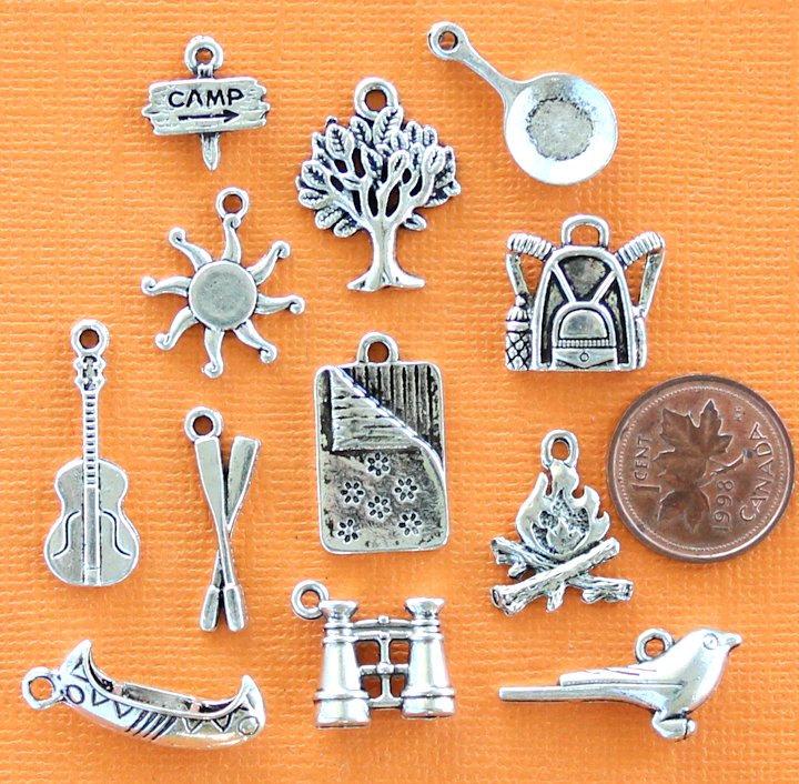 Camping Charm Collection Antique Silver Tone 12 Different Charms - COL191