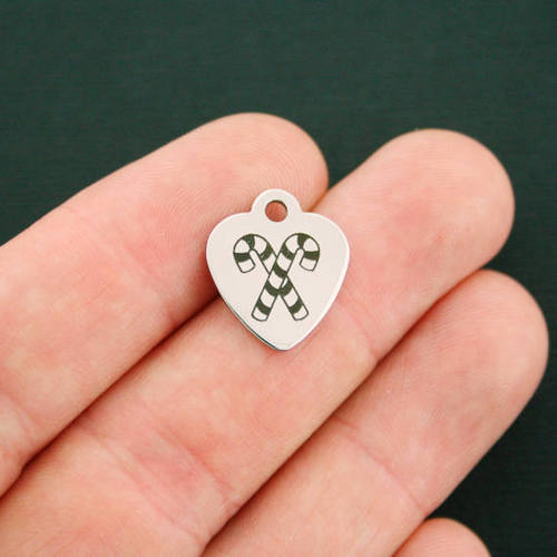 Candy Cane Stainless Steel Small Heart Charms - BFS012-2599