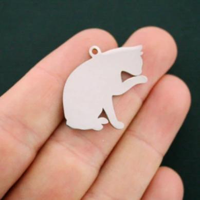 Cat Silver Tone Stainless Steel Charms 2 Sided - MT445