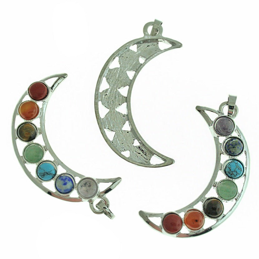 Chakra Natural Gemstone Crescent Moon Pendant - GEM173