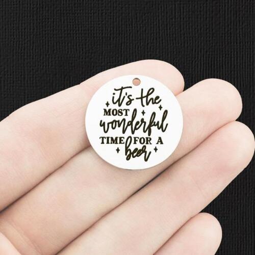 Christmas Stainless Steel 25mm Round Charms - It's the most wonderful time for a beer - BFS009-6396
