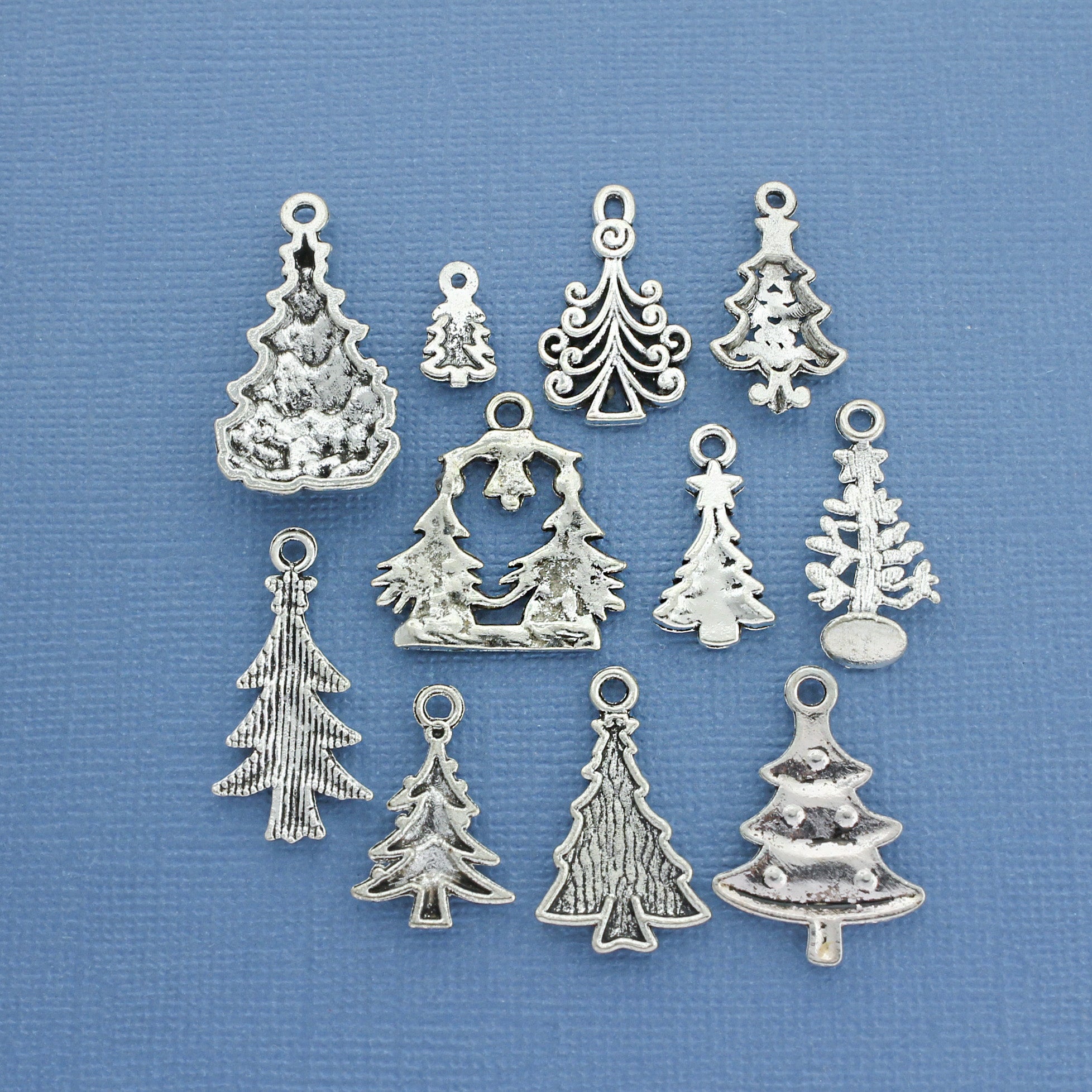 Christmas Tree Charm Collection Antique Silver Tone 11 Different Charms - COL108H
